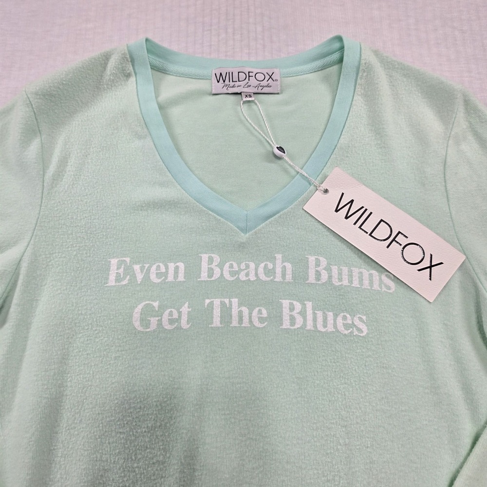NWT Wildfox Mint Green Beach Bums Graphic V-Neck Sweatshirt XS Y2K Retro Lounge - Picture 2 of 11